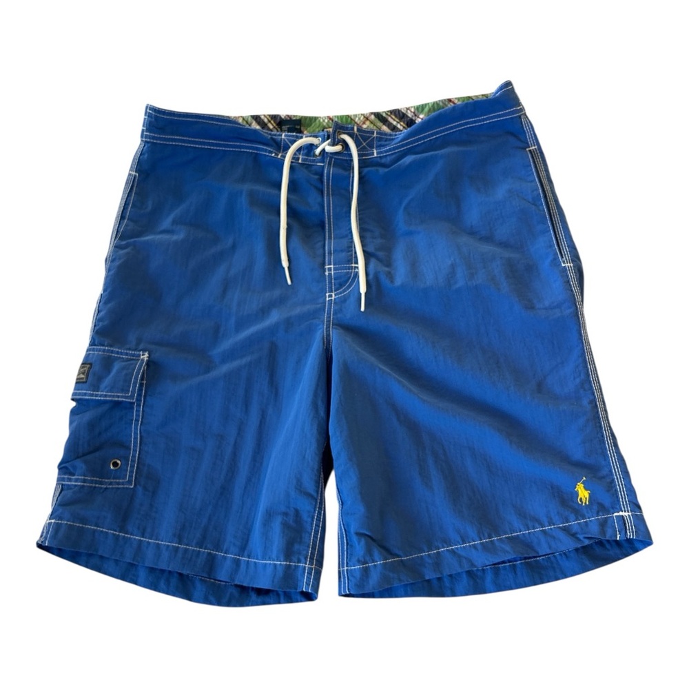 Polo Ralph Lauren Swim Trunks Sz Medium Blue Yellow Pony Pockets Beach 9" Inseam